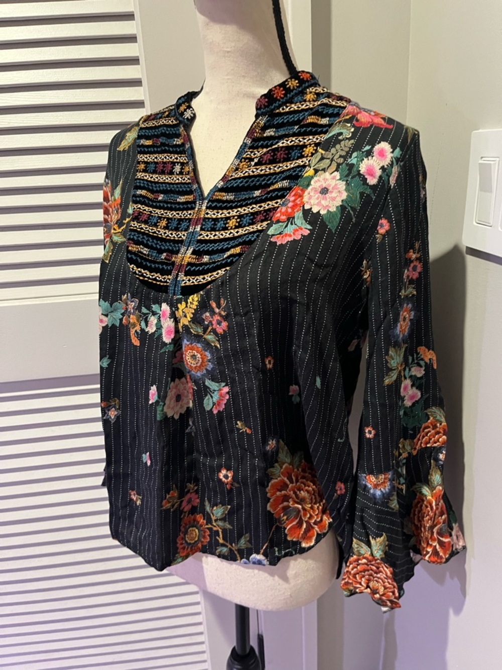 Johnny Was Black Floral Embroidered V-Neck Blouse